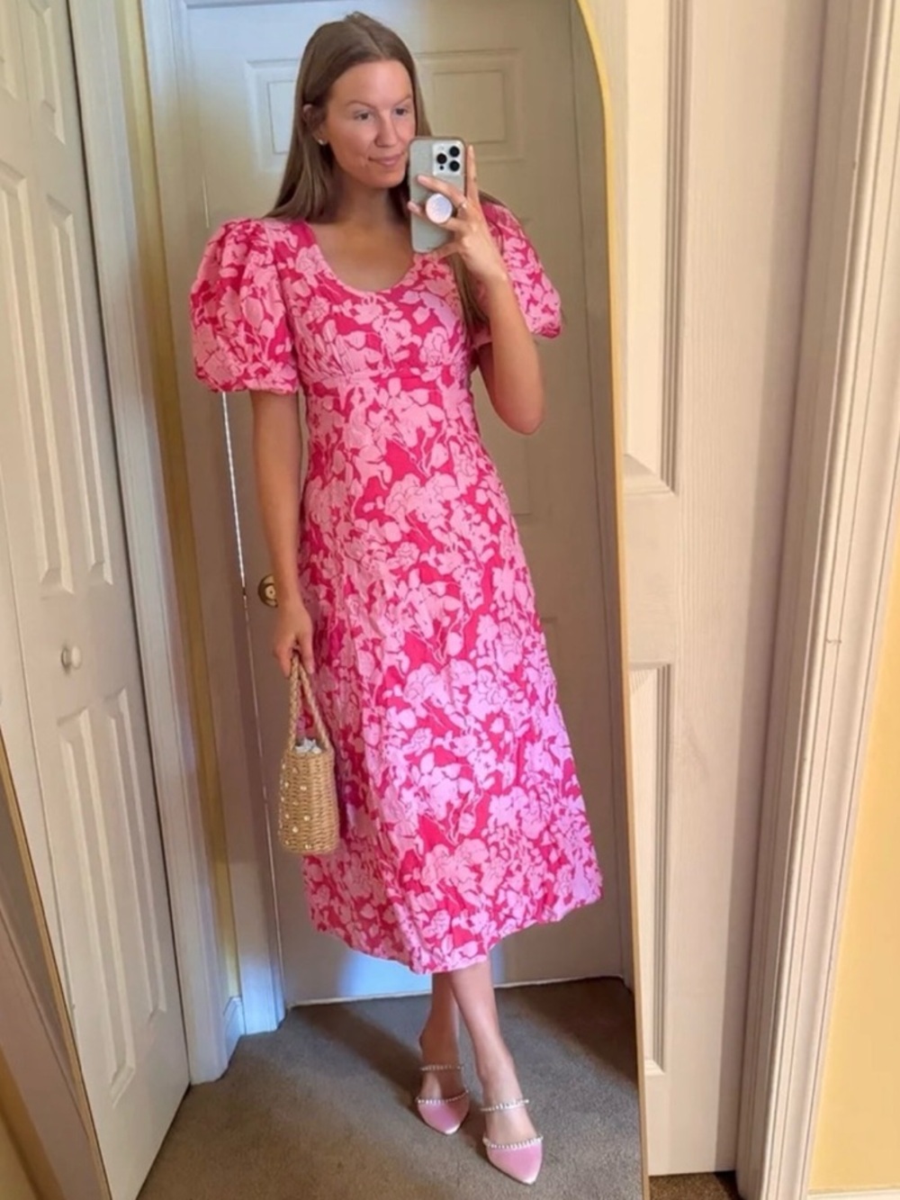 Hyacinth House Pink Floral Puff Sleeve Empire Ella Midi Dress Size Small